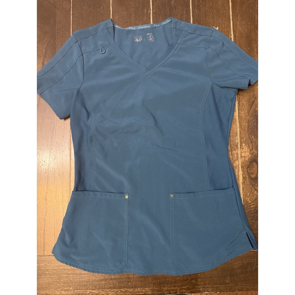 Cherokee iFlex Scrub Top Women's XS Teal Blue V Neck Stretch Medical Uniform